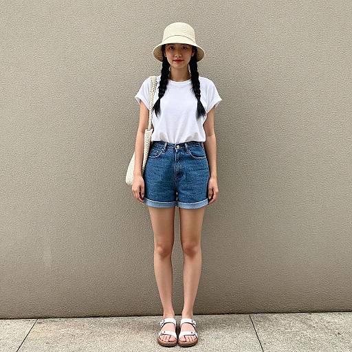 Photograph of a young woman with long black pigtails, wearing a white hat, white t-shirt, blue denim shorts, and black sandals,