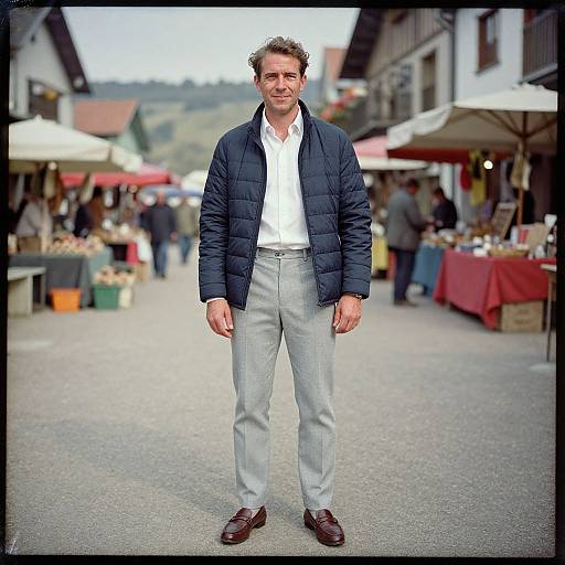 Man in Quilted Jacket at Village Market