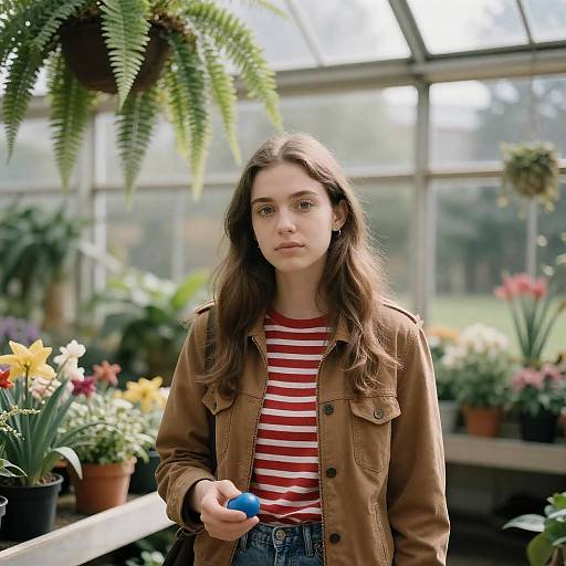 Young Woman in a Lush Greenhouse