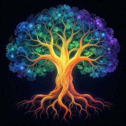 Digital artwork of a vibrant tree with glowing yellow trunk, blue and purple leaves, and radiant roots against a black background.