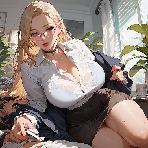 Digital anime-style drawing of a blonde woman with large breasts, wearing glasses, white blouse, black skirt, and open blazer, sitting in a sun