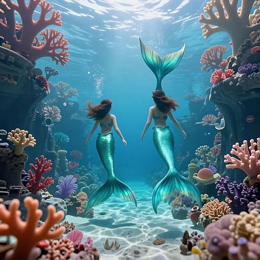 Digital artwork of two mermaids with shimmering turquoise tails, floating in a vibrant, underwater coral reef, surrounded by colorful corals and marine life.