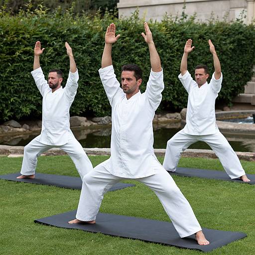 Photograph of three men in white martial arts uniforms performing yoga poses on black mats on green grass, with a bushy hedge background.