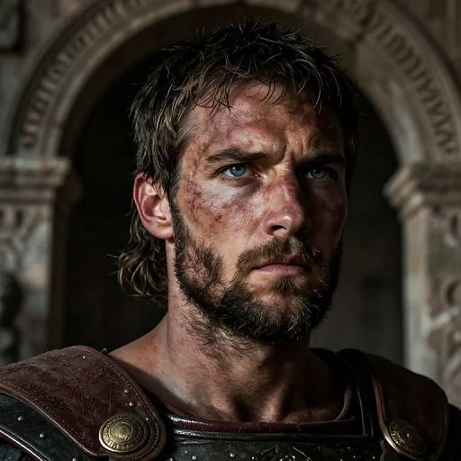 Photorealistic portrait of a rugged, bearded man with blood on his face, blue eyes, and messy hair, wearing armored clothing in a dim