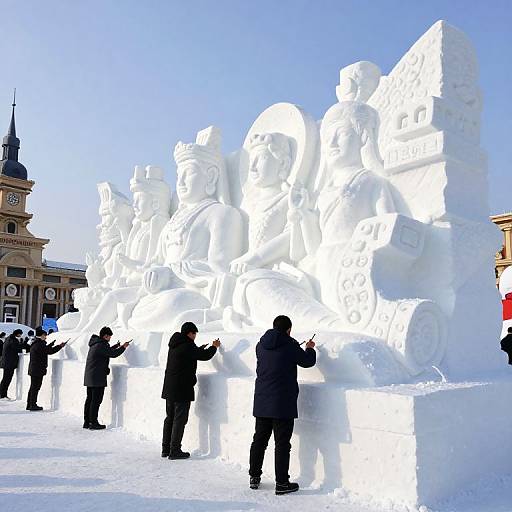 Photograph of a large, white ice sculpture depicting multiple human faces, with several people in winter clothes taking photos and admiring it in a snowy urban