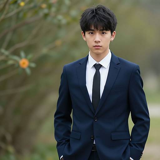 Photograph of an Asian man with black hair, wearing a black suit, white shirt, and black tie, standing outdoors with a blurred green and yellow