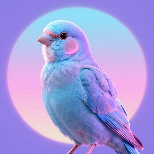 Photograph of a vibrant, blue and pink parakeet with a glowing circular light background, showcasing detailed feather textures and a small, pointed beak