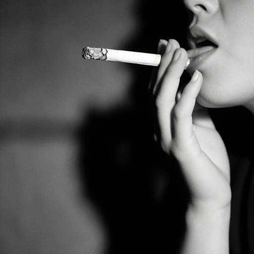 Black-and-white photograph of a woman's lips and hand holding a lit cigarette, shadows creating a dramatic, high-contrast effect.