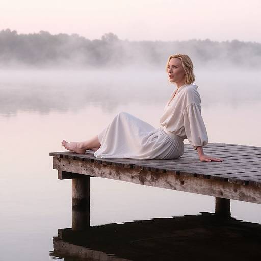 Photograph of a blonde woman in a white, flowing dress, sitting on a wooden dock at dawn, misty lake background.