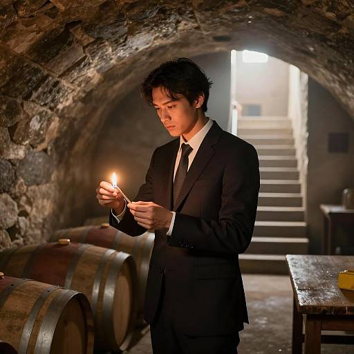 Mysterious Man in Dim Cellar Ambiance