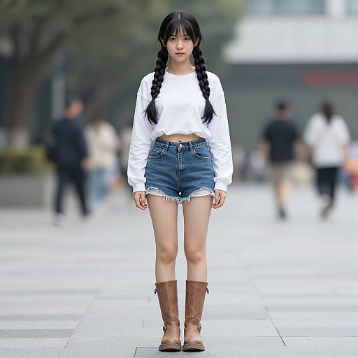 Photograph of an East Asian woman with long black braids, wearing a white long-sleeve crop top, blue denim shorts, brown knee-high