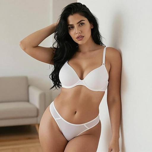Photograph of a confident, curvy woman with long black hair, wearing a white bra and panties, standing in a bright, minimalist room.