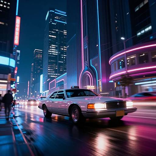 Neon-lit, rainy city night scene photograph of a white, classic taxi cab speeding through a bustling urban street with vibrant, colorful lights reflecting on