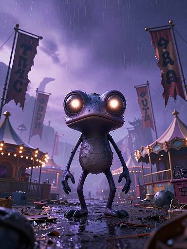 CGI image of a rain-soaked, eerie frog with glowing eyes standing in a dark carnival at night, surrounded by colorful, illuminated tents.