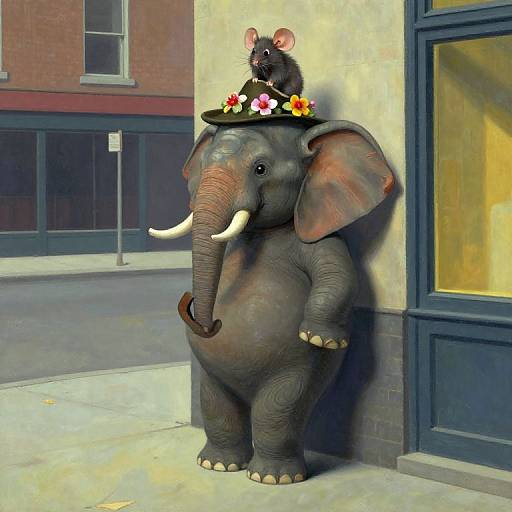 Digital artwork of a gray, cartoon-style elephant with white tusks, standing against a city building, wearing a flower crown with a black mouse on its