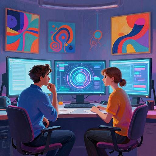 Digital illustration of a male and female programmer in a brightly lit, colorful office, working on three screens with abstract art on the walls. Both seated,