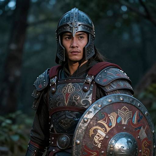 Photograph of a serious, young male warrior with long dark hair, wearing ornate medieval armor and holding a decorative shield in a forest.