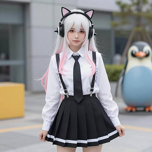 Young Woman Cosplaying with Cat Ear Headphones