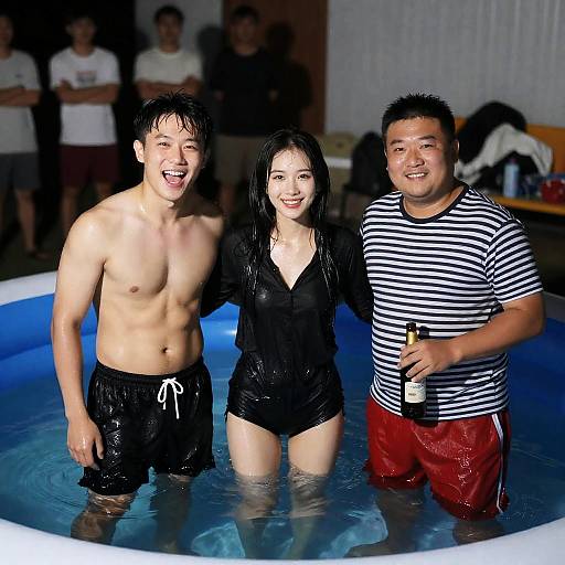 Happy Friends in Inflatable Pool at Night