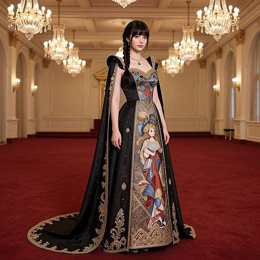Photograph of a woman in an ornate black gown with gold embroidery and a detailed medieval scene, standing in an opulent, chandelier-lit
