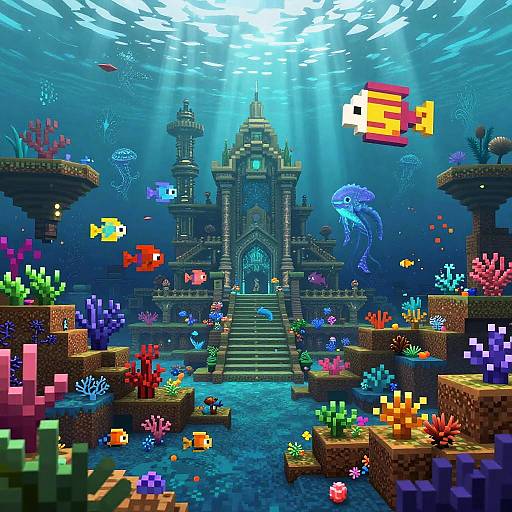 Vibrant underwater Minecraft castle scene with colorful pixelated fish, coral, and jellyfish swimming around. Sunlight beams from above, illuminating the