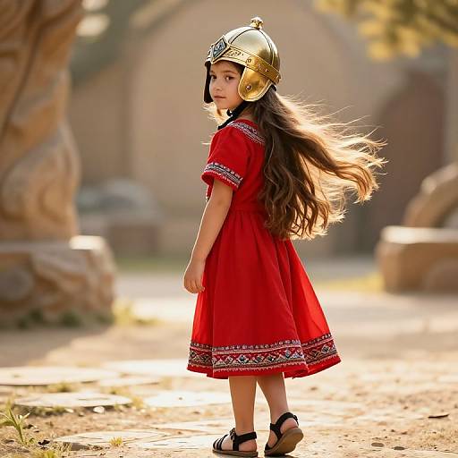 Photograph of a young girl with long brown hair, wearing a red dress, black sandals, and a gold Roman-style helmet, standing in a sun