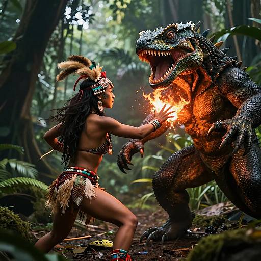 Photorealistic digital artwork: Native woman in tribal attire, feathers, and jewelry confronts fiery-breathing, scaly dinosaur in dense jungle.