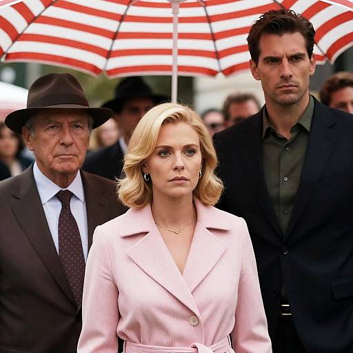 Serious Trio Under Striped Umbrella