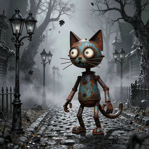 Digital art of a rusted, mechanical cat with glowing white eyes standing on a misty, cobblestone street at night, surrounded by old lam