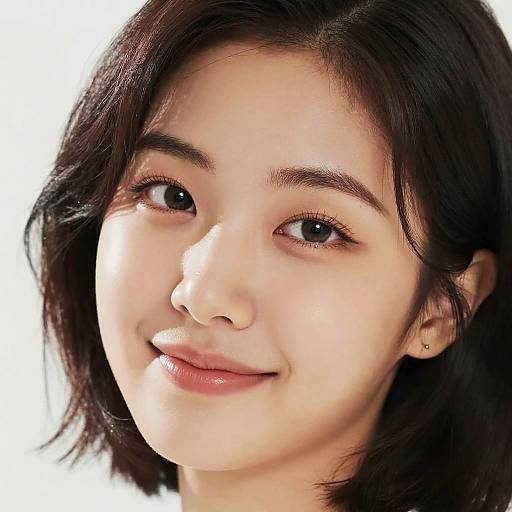 Close-up photograph of an Asian woman with fair skin, dark brown shoulder-length hair, brown eyes, and a subtle smile, against a white background.