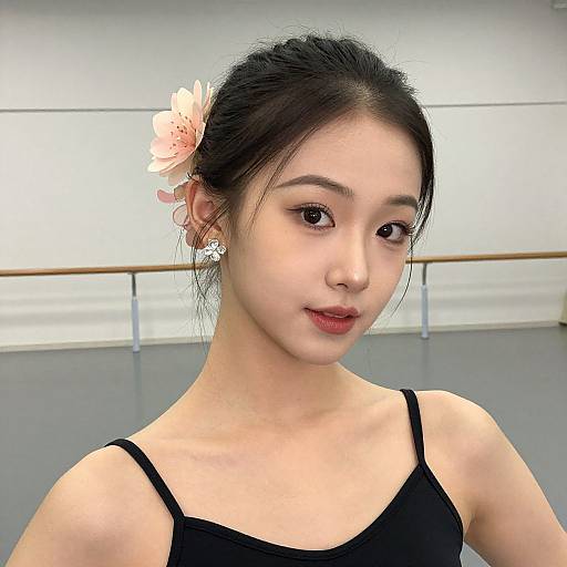 Photograph of an Asian woman with fair skin, black hair in a bun with a pink flower, wearing a black tank top, standing in a brightly