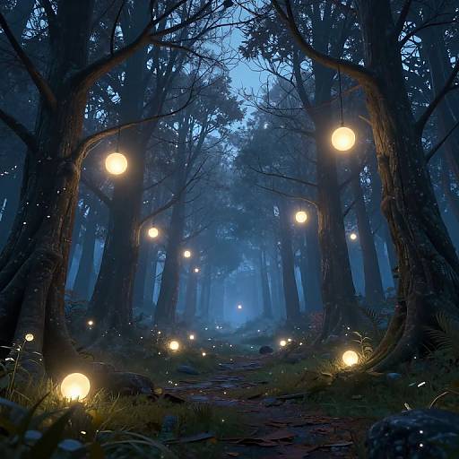 Enchanted forest at twilight: glowing lanterns hanging between tall, dark trees, illuminated blue sky, misty atmosphere, fairy lights on ground.