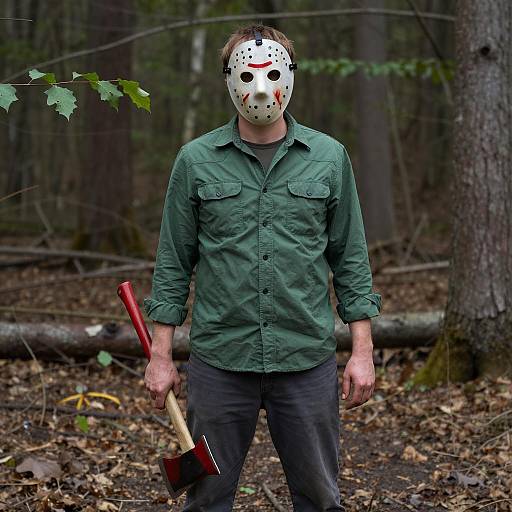Man Wearing Jason Mask Holding Axe in Forest