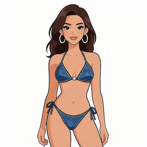 Digital illustration of a confident woman with long brown hair, wearing a blue bikini, large hoop earrings, and smiling, standing against a white background.