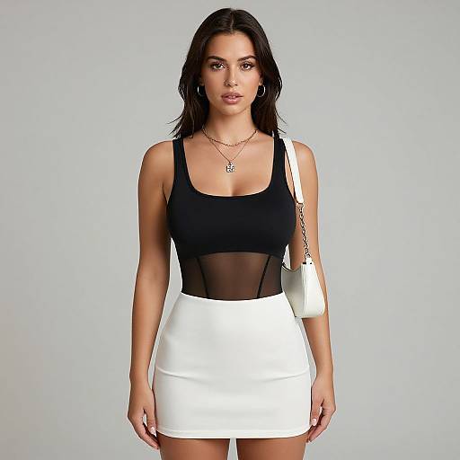 Photograph of a brunette woman with medium skin tone, wearing a black mesh top, white high-waisted mini skirt, white handbag, and