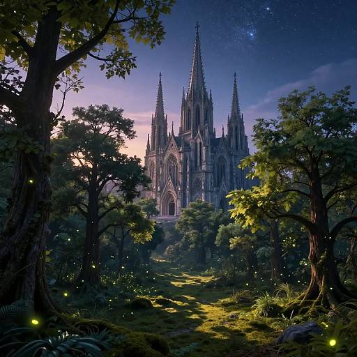 Digital fantasy artwork of a gothic cathedral with tall spires, surrounded by a lush, moonlit forest with glowing fireflies.
