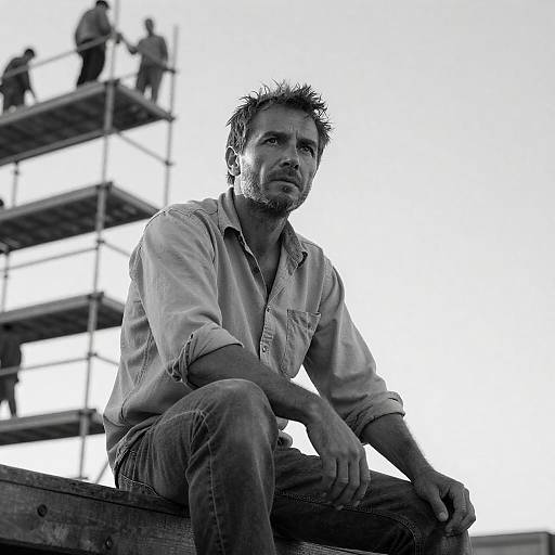 Contemplative Construction Worker in Black-and-White