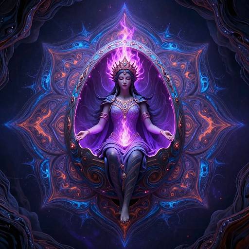 Digital artwork of a serene, glowing purple-skinned woman with a crown of fire, sitting cross-legged within an ornate, fiery mandala background.