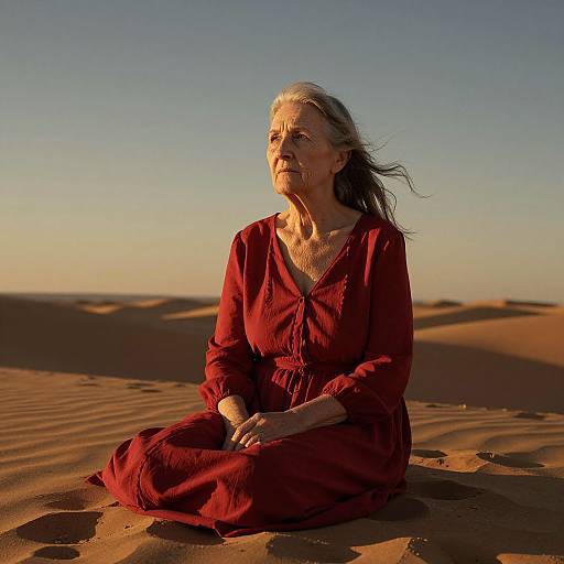 Photograph of an elderly woman with long gray hair, wearing a red dress, seated in a sunlit desert with dunes, gazing into the