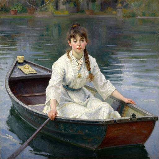 Realistic oil painting of a young woman with fair skin, brown hair in a braid, wearing a white, belted dress, rowing a