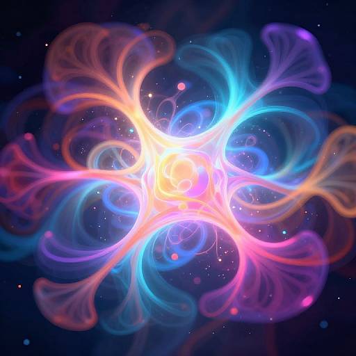 Digital art of a vibrant, glowing, multicolored nebula with swirling, ethereal tendrils in pink, blue, orange, and yellow,