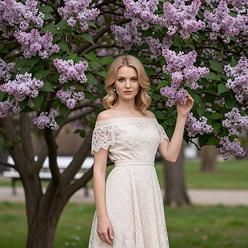 Photograph of a blonde woman with wavy hair, wearing an off-shoulder white lace dress, standing under a blooming purple lilac tree