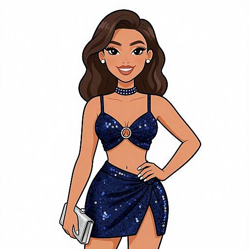 Digital cartoon of a smiling woman with dark brown wavy hair, wearing a sparkly navy blue crop top and skirt, choker, holding a white