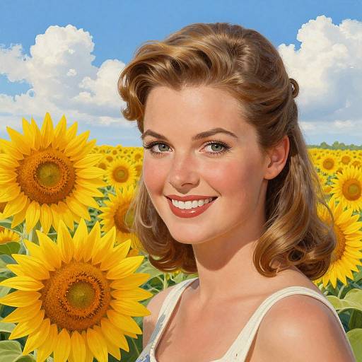 Vintage-style photograph of a smiling woman with wavy brown hair, wearing a white dress, standing in a sunny sunflower field.