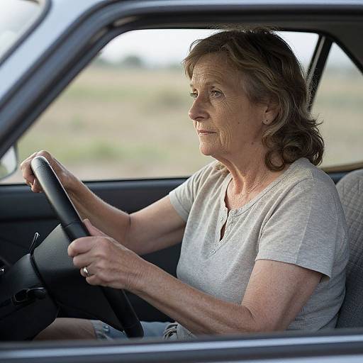 Photograph of an older woman with short brown hair, wearing a light gray t-shirt, driving a car, smiling slightly, holding the steering wheel.
