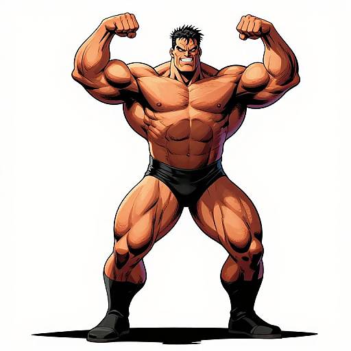 Digital drawing of a hyper-muscular, tan-skinned man with short black hair, flexing biceps in black underwear and socks, white background