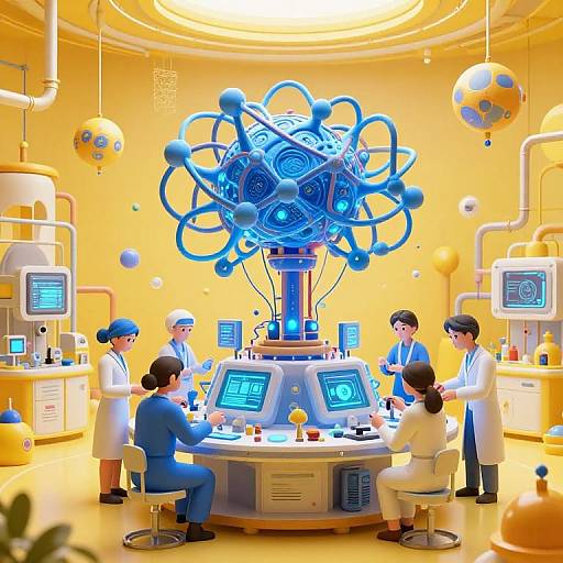 Digital illustration of a bright yellow laboratory with six scientists in white coats and blue or white uniforms, surrounding a central futuristic, blue atom-like machine with multiple