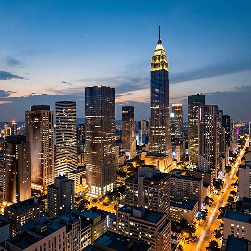 Photograph of a bustling city skyline at dusk, featuring illuminated skyscrapers with the tallest building in the center, surrounded by glowing streets and a vibrant