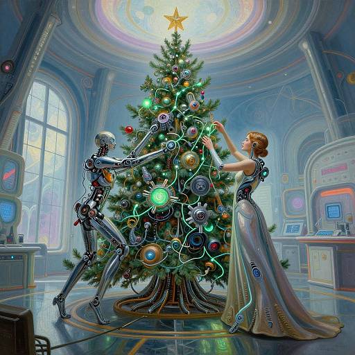 Cybernetic Woman Decorating Futuristic Tree
