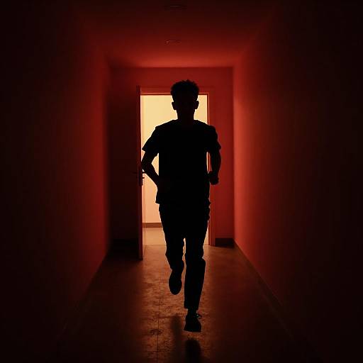 Silhouetted Man Running in Red Corridor